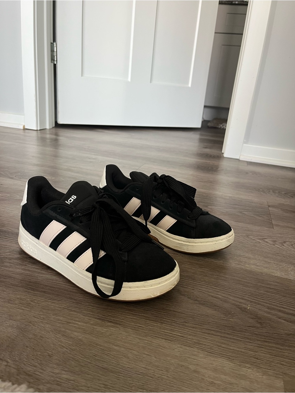 adidas Black Suede Sneakers with Light Pink Three Stripes
